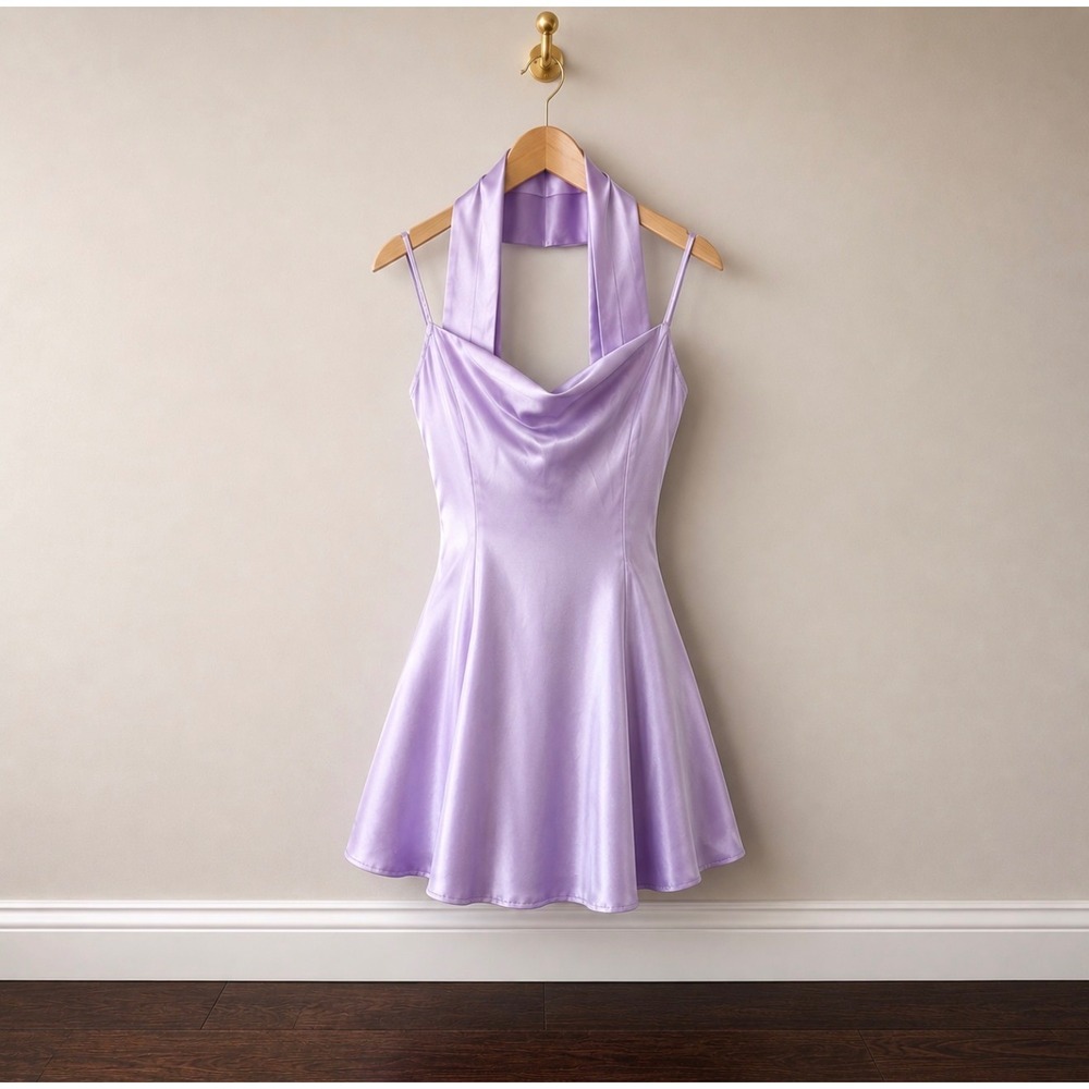 Lucy in the Sky Lavender Satin Cowl Neck Lace Up Back Mini Dress Purple Large